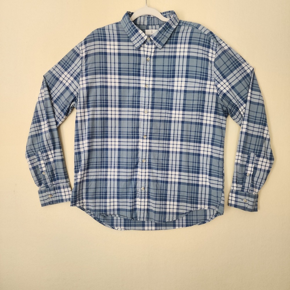 Mutual Weave Mens XL Blue White Plaid Long Sleeve Button Down Shirt